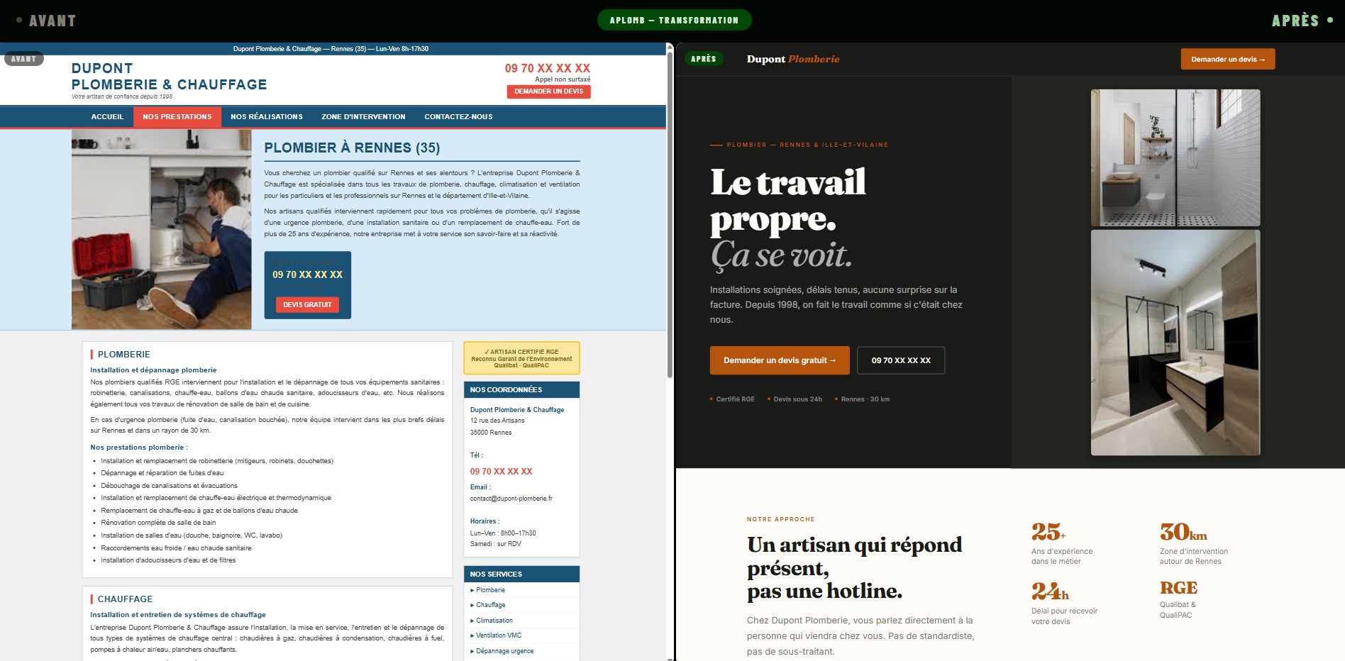 Transformation site web artisan — avant et après Aplomb